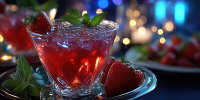 Refreshing strawberry cocktail with mint served in a crystal glass at a vibrant evening gathering photo