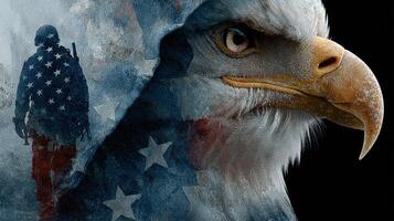Military tribute featuring an eagle against a backdrop of the American flag with a soldier silhouette at dusk photo