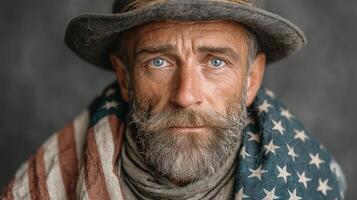 Portrait of a mature man with a beard wearing a hat and adorned in an American flag shawl indoors photo