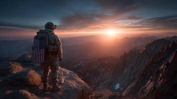 Soldier observing sunrise over mountainous landscape in serene and breathtaking wilderness photo