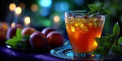 Refreshing iced tea served with fresh fruit in a cozy evening setting with soft ambient lights photo