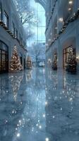 Elegant holiday decorations illuminate a marble hallway in a winter wonderland setting with shimmering lights and frosted trees photo