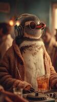 Penguin in headphones enjoys a drink while mixing music at a cozy bar during evening hours photo