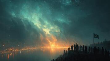 Crowd gathers near water to witness vibrant fireworks display against night sky in urban setting photo