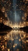 Elegant gala celebration in a grand hall with shimmering lights and festive atmosphere during the evening photo