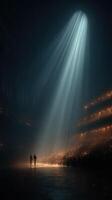 Illuminated stage in a historic theater with audience captivated by performance during a dramatic lighting moment photo