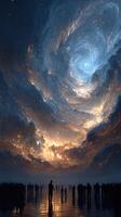 Spectacular cosmic gathering under a swirling galaxy at twilight with silhouettes of onlookers observing the sky photo