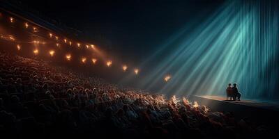 Two figures sit on stage while a captivated audience experiences a theatrical performance in an atmospheric theater photo