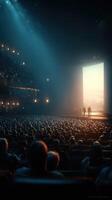 Audience captivated by dramatic performance in grand theater during evening show photo