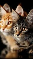 Two playful cats in close-up showcasing their unique fur patterns and expressions at a cozy indoor setting during evening hours photo
