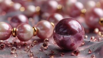 Elegant pink pearls and beads arranged artfully on a soft fabric background during a serene afternoon light photo
