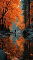 Stunning autumn landscape with vibrant orange foliage reflecting in a tranquil stream during early morning hours photo