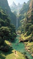 Majestic waterfall cascading through green valley surrounded by mountains in daytime photo