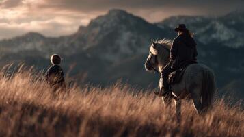 Rider and child observe the mountains during golden hour in serene landscape photo