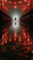 Mysterious figure sitting alone in a dimly lit theater with red decor and reflective surface photo