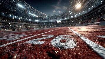 Close-up view of racing track at night during a sporting event with bright stadium lights and cheering crowds photo