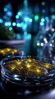 Colorful glowing flowers in a science laboratory setup with luminous background lights at night photo