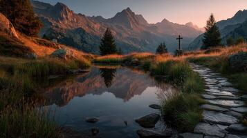 Reflecting mountains and serene pathways at dawn in a tranquil alpine landscape photo