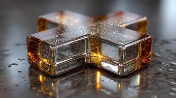 Intricate glass sculpture resting on a dark marble surface with shimmering reflections in natural light photo