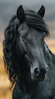 Majestic black horse with flowing mane stands proudly in a serene landscape during early morning hours photo