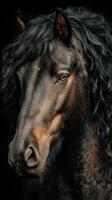 Majestic black horse with curly mane gazes into the distance in a dark setting captivating the viewer's attention photo