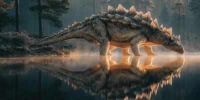 Stegosaurus walking near a tranquil lake during early morning light in a misty forest environment photo