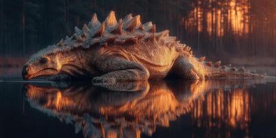 A prehistoric creature rests by a tranquil lake under a setting sun in a serene forest landscape during twilight hours photo