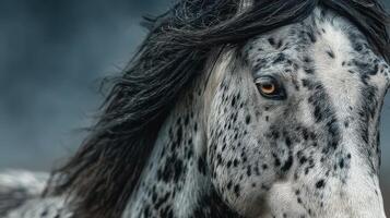 Stunning close-up of a speckled horse showcasing its striking features in a moody environment during twilight photo
