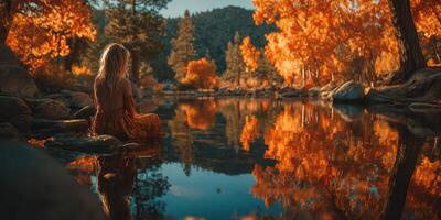 Woman enjoys tranquil reflection by a serene river surrounded by autumn trees in a peaceful landscape photo