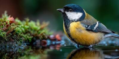 Colorful bird enjoying a drink at a serene water source surrounded by lush greenery in the early morning light photo