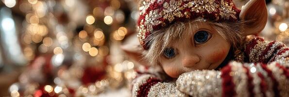 Cheerful holiday elf doll in cozy winter attire surrounded by festive decorations and twinkling lights photo