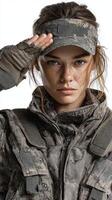 Female soldier saluting with determination and strength in military uniform against a neutral background photo