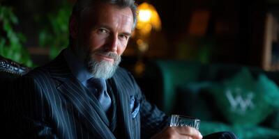 Suit-clad gentleman enjoying a drink in a luxurious lounge setting during the evening photo