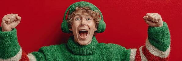 Joyful person celebrating in festive green and red attire against a bright red background during a holiday event photo