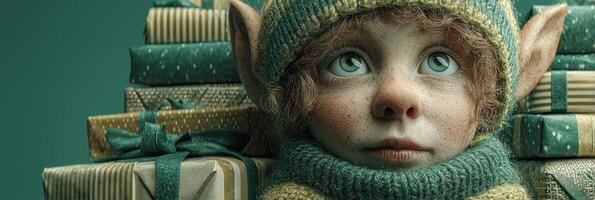 Cute elf surrounded by colorful wrapped presents in a cozy indoor setting photo