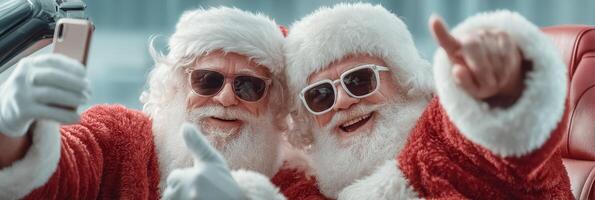 Two cheerful Santas take a selfie together in a festive setting during the holiday season photo