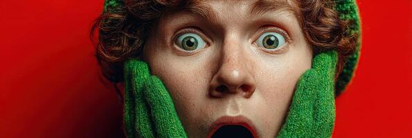 Young person expressing surprise with wide eyes and mouth open, wearing a green sweater and gloves against a red background photo