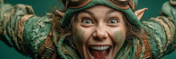 Joyful elf in vibrant costume celebrates fantasy festival with vivid expression and playful attitude photo