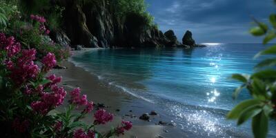 Serene tropical beach at night with sparkling water and vibrant flowers along the shoreline photo