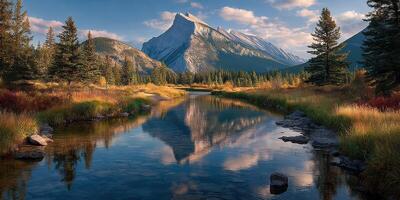 Majestic mountain landscape with a serene river reflecting clouds at sunset in a tranquil forest setting photo