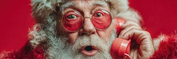 Holiday character surprises with red phone in cozy setting and festive attire while preparing for Christmas season photo