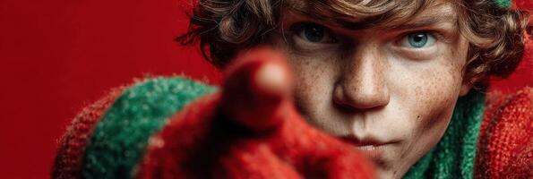 Young boy in festive outfit points at camera against bold red background during winter holiday celebration photo