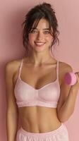 Model poses with pink dumbbell against a soft pink backdrop, showcasing fitness and style in a playful manner photo