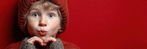 Young child in red sweater expressing joy against a vibrant background during winter in a playful moment photo