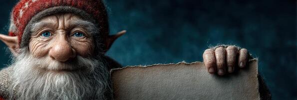 Old man with a long beard and blue eyes holding a blank sign in a cozy, dimly lit setting during winter photo