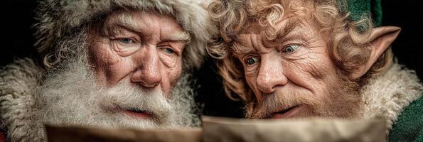 Two characters examine a list in an enchanted workshop during the holiday season photo