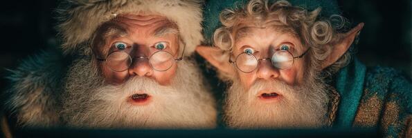 Surprised santa and elf watching a magical event during the holiday season photo