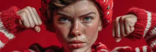 Young person with freckles poses confidently in warm knitwear against a red background, showcasing strength and determination photo