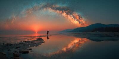 Majestic sunset over a tranquil beach with a stunning view of the Milky Way and a silhouette of a person in the foreground photo