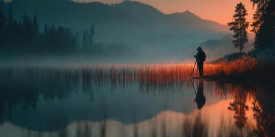 Sunset reflection over tranquil lake with lone photographer capturing nature's beauty photo